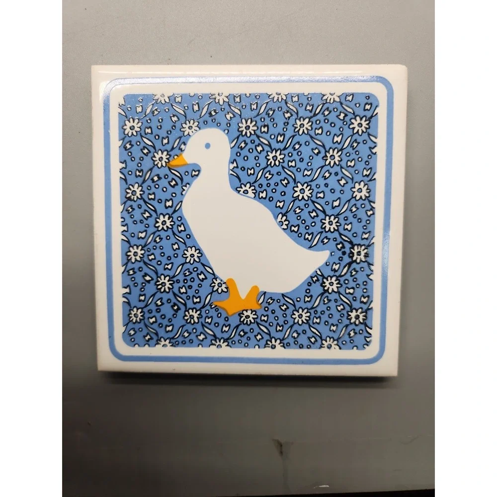Set Of 4 Farm Cottage Trivet Coasters Tiles Blue White Pig Duck Cow Chicken READ